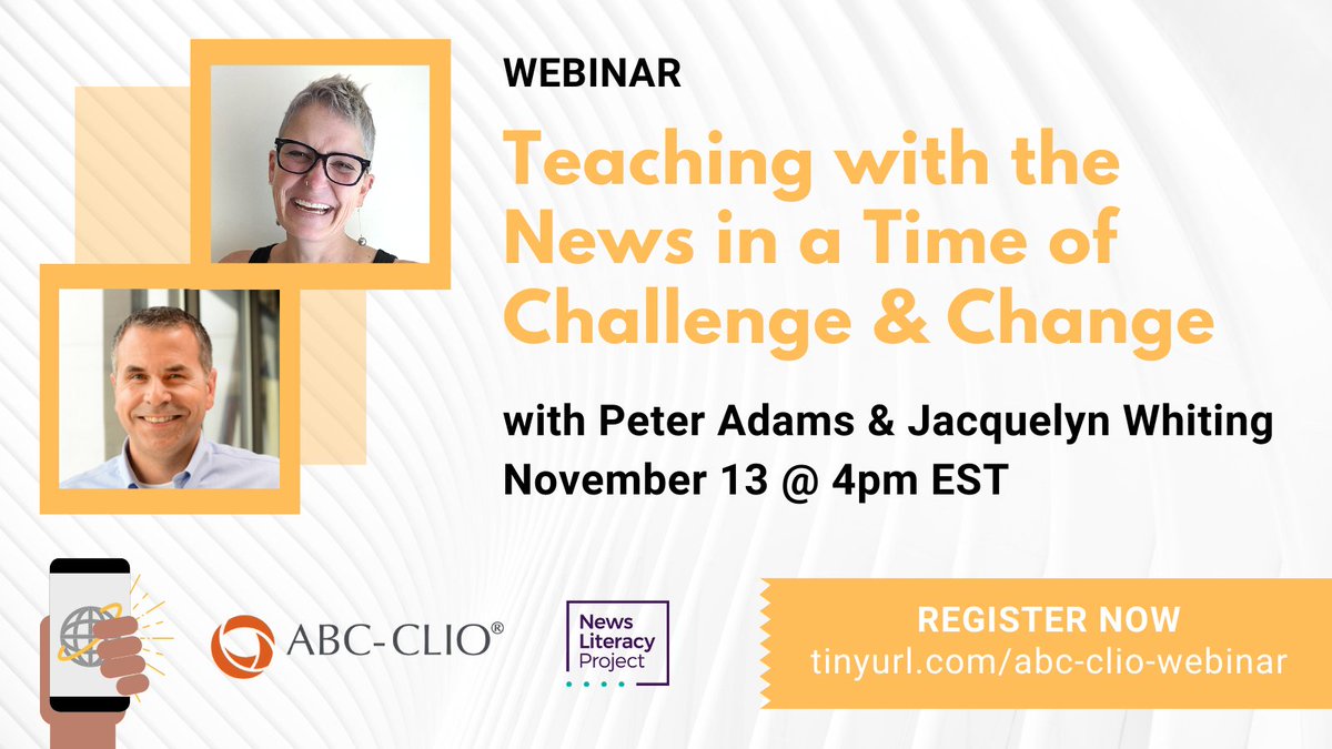 ABC_CLIO's tweet photo. NOW is the time to engage ourselves and our students with critical approaches to news literacy. Join @MsJWhiting and 
@PeterD_Adams for this timely @edwebnet conversation! November 13, 4:00 EST: https://t.co/G3K0zrVQQb
@NewsLitProject @davidmpaige #edWebinar #NewsLiteracy https://t.co/edB5a8GDM6