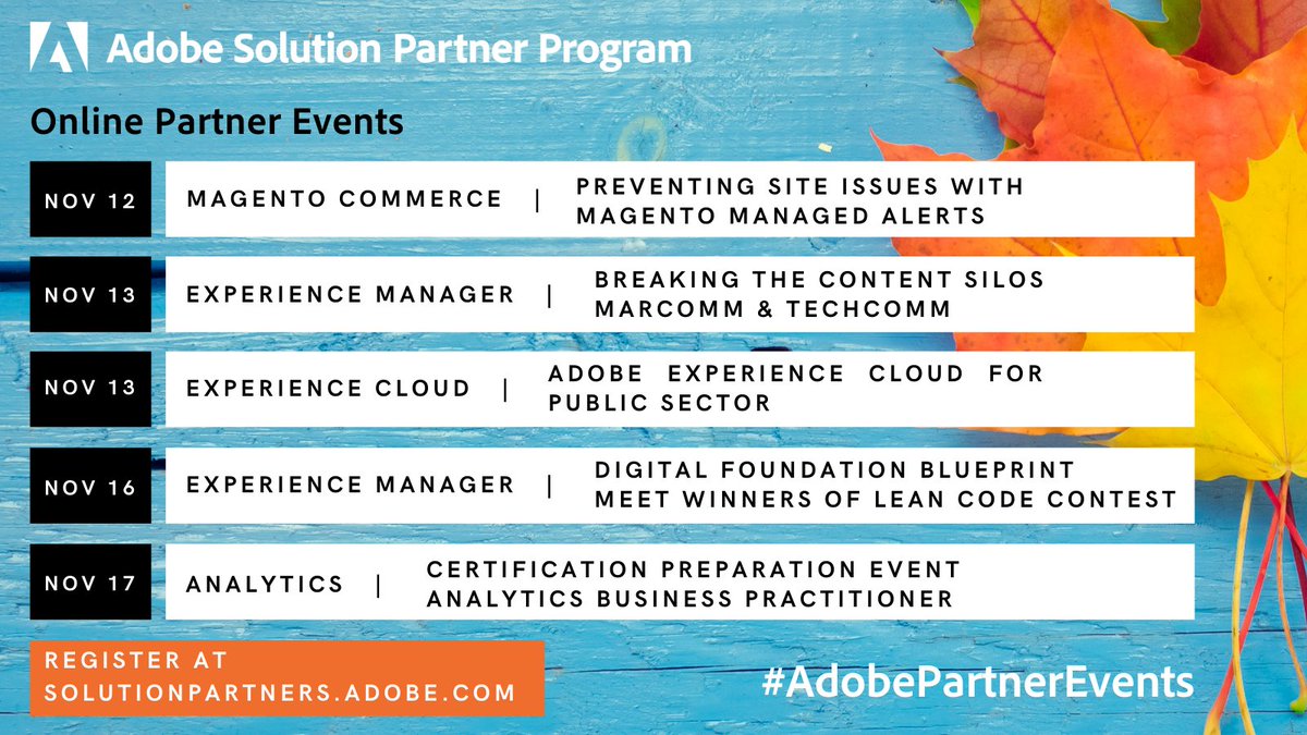 IrvineOnline's tweet photo. Adobe Partners: here is our lineup of events for November. We will be taking the final week off for Thanksgiving. https://t.co/QIUdeBZYlt
#adobeexperiencecloud #adobeexperiencemanager #aem #magento #solutionpartnerprogram #adobetarget #adobeanalytics #FSI #publicsector #analytics https://t.co/HgQH9pqomP