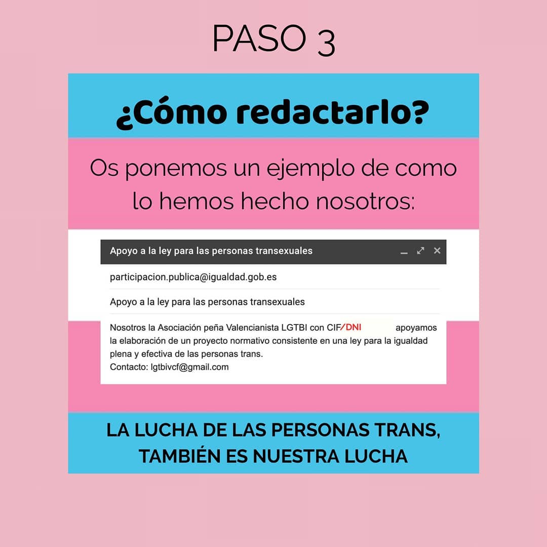 Difundid esto por favor 🙏🏻
🏳‍⚧ Si queréis mostrar vuestro apoyo a la ley trans estatal seguid estos pasos 👇🏼
👉🏽 Ilustraciones: @penyalgtbivcf ig
Podéis mandar el correo electrónico hasta el 18 de noviembre, así mostrareis vuestro apoyo.
