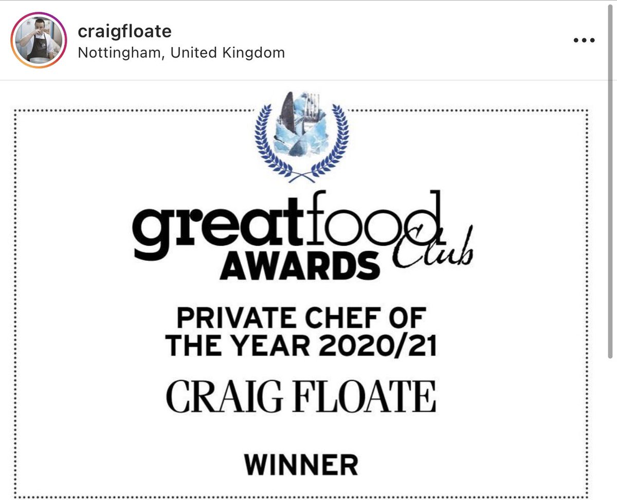Great news that @craigfloatechef has won this award. If you want to eat some award winning food during lockdown, just follow Craig and check out his dine at home menus. Oh and he is an alright guy as well. #dineathome #awardwinningchef #privatechef #Nottinghamshire