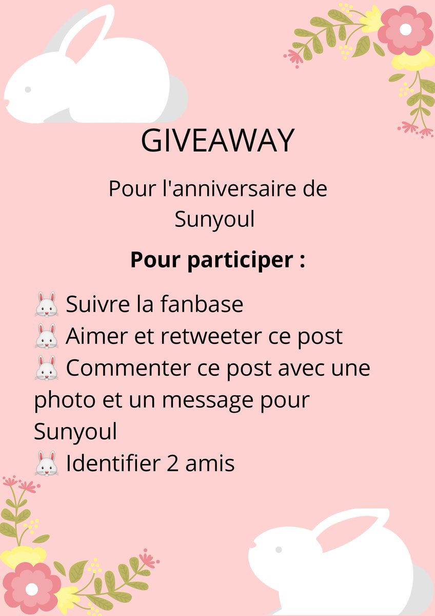 SunyoulF's tweet photo. 💛GIVEAWAY (EUROPE ONLY)💛

🇬🇧 To celebrate Sunyoul’s birthday, I propose you a Giveaway 🎂
To participate, please read below 
🍯💛🐰🎶

🇨🇵 Pour fêter l'anniversaire de Sunyoul, je vous propose un Giveaway 🎂
Pour participer, merci de lire ci-dessous 
🍯💛🐰🎶

#Sun https://t.co/WqzvmiDX6V