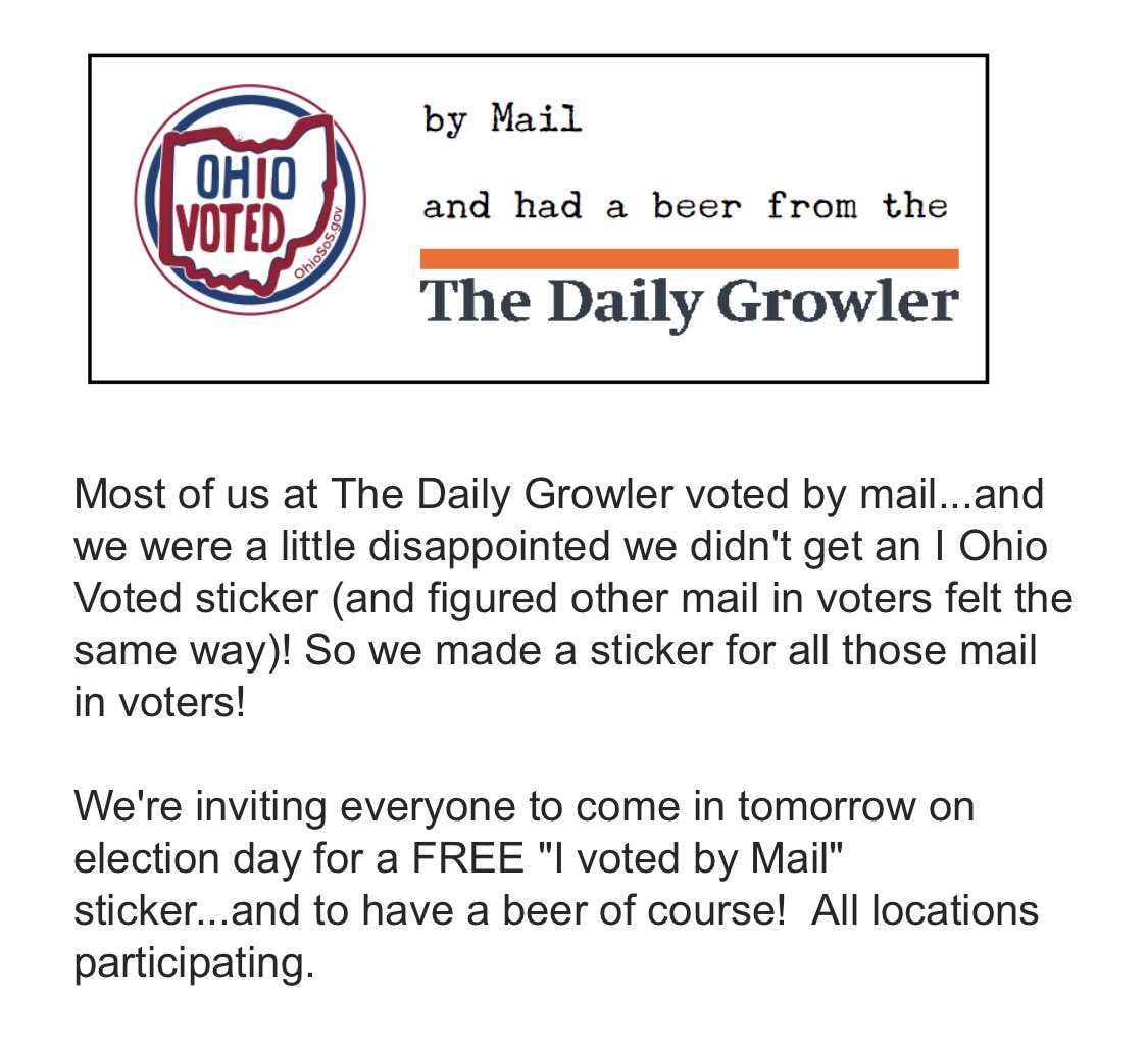 drinkupcolumbus's tweet photo. If you voted by mail but still want that shiny sticker, @MyDailyGrowler has you covered tomorrow https://t.co/MgIXrmFQ4e
