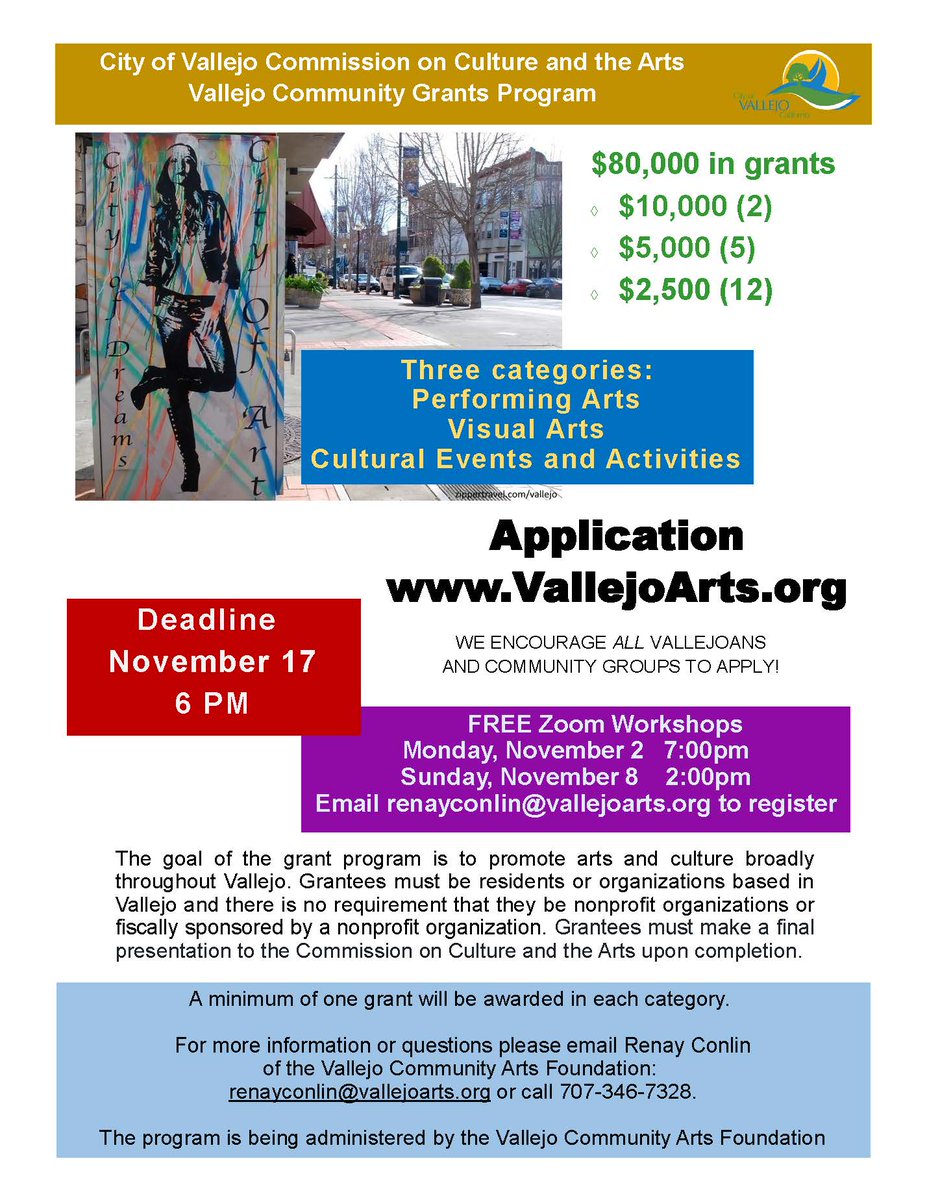 CityofVallejo's tweet photo. ⭐ Zoom Workshop Tonight! ⭐
$80,000 in community art grants will be awarded by the Commission on Culture and the Arts in 3 categories:
🎭 Performing Arts
🎨 Visual Arts
🌎 Cultural Events
More info: https://t.co/4ylldfOQMQ.
#vallejo #cityofvallejo #vallejoarts #vcaf https://t.co/W13hc5KeOD