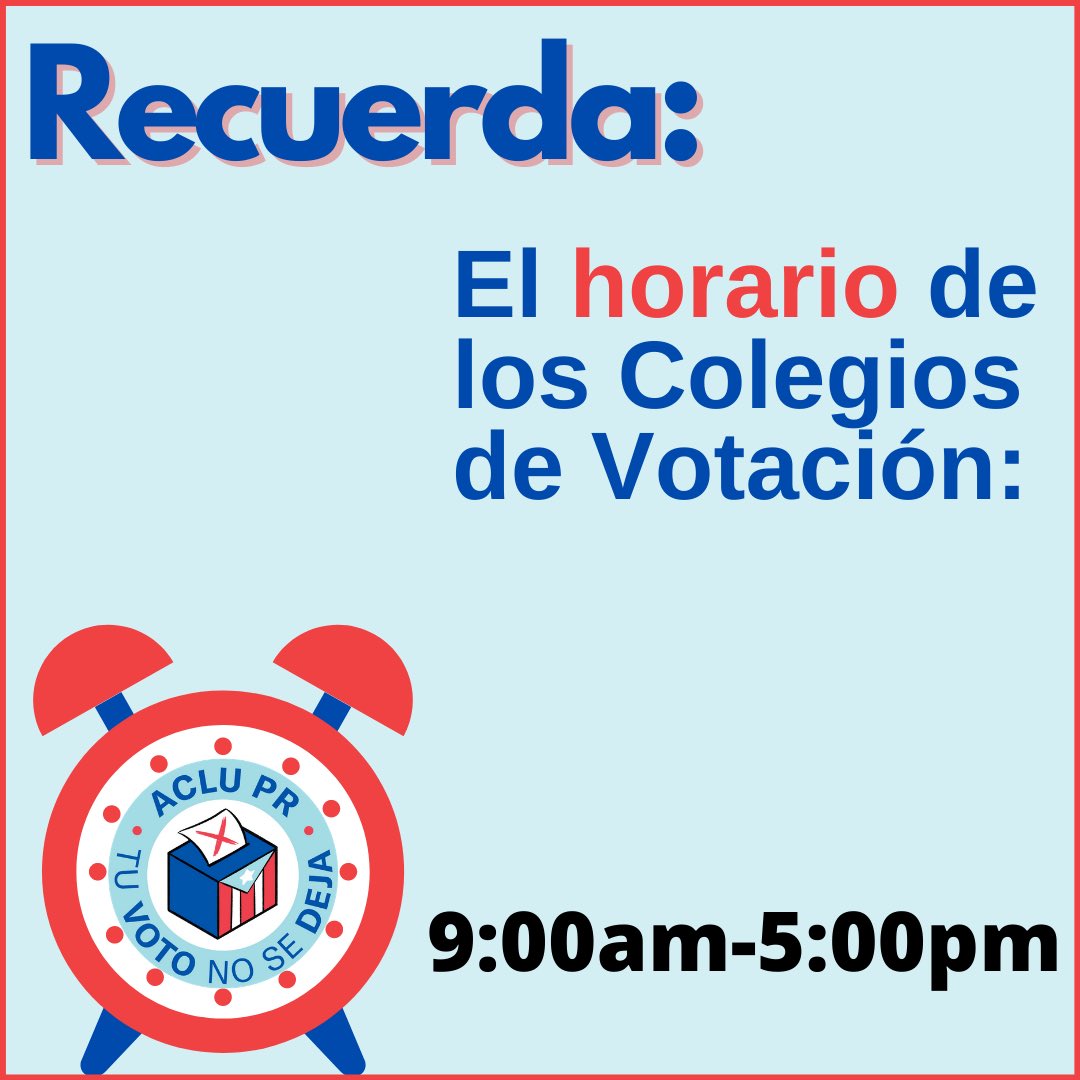 ⏰Llevamos meses preparándoles para este día. 

🗳Las elecciones generales por voto regular comienzan mañana. 

🚨Pendiente a todos nuestros recordatorios hoy. 

#TuVotoNoSeDeja

<a href="/ACLUPR/">ACLU Puerto Rico</a>