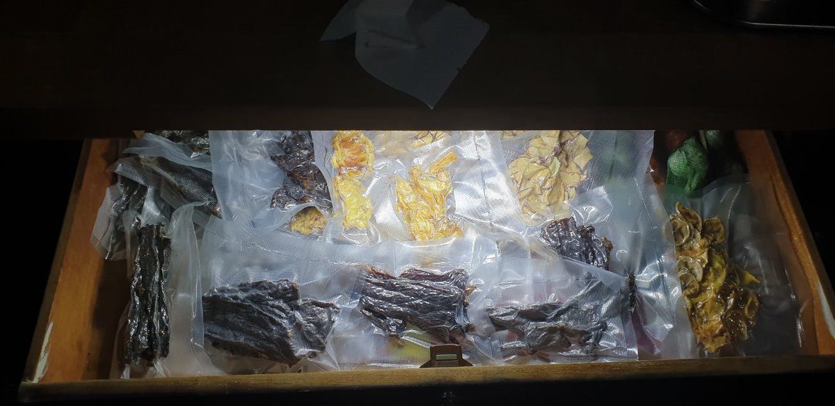 Hello_Vanado's tweet photo. Here's our drawer full of dried food for a road trip😪
Obviously not in November 😏
Biltong (dried, salted raw meat - yum); pineapple, apple, banana 🤤
#vanlife #vaneats #padkos https://t.co/3IPmCu1M5k