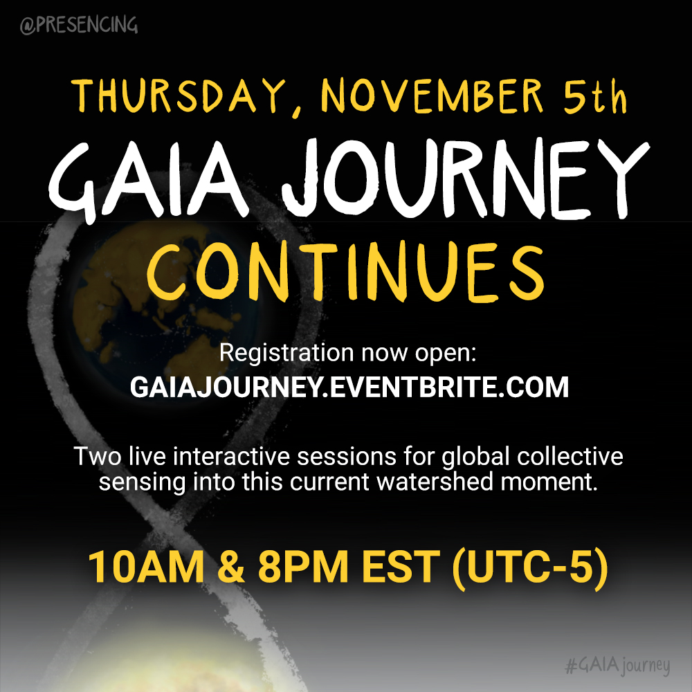 presencing_inst's tweet photo. Registration is now open for this week's #GAIAjourney #LiveSessions. Jump over to https://t.co/62svtflFyt and register for one or both of the sessions happening this week.

#TheoryU #awareness #transformation #election2020 #climatecrisis #communitybuilding #electionanxiety https://t.co/a6nZTeDc7t