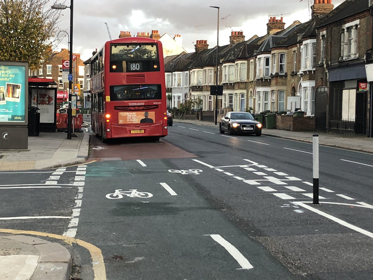Further east again and you hit another bus stop which hasn’t been moved, so buses have to pull into the cycle lane to drop off and pick up passengers. 