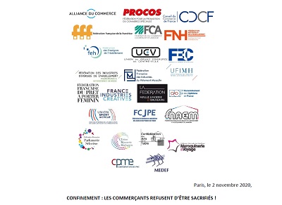 CdCFcommerce's tweet photo. [CP - Commun] Confinement : les commerçants refusent d'être sacrifiés ! 20 Fédérations du Commerce, la @CPMEnationale et le @medef demandent la réouverture des commerces. #CommercerAvecLeVirus 
https://t.co/aTbJ1ed2lp via @cdcfcommerce https://t.co/OeXRmftHCu