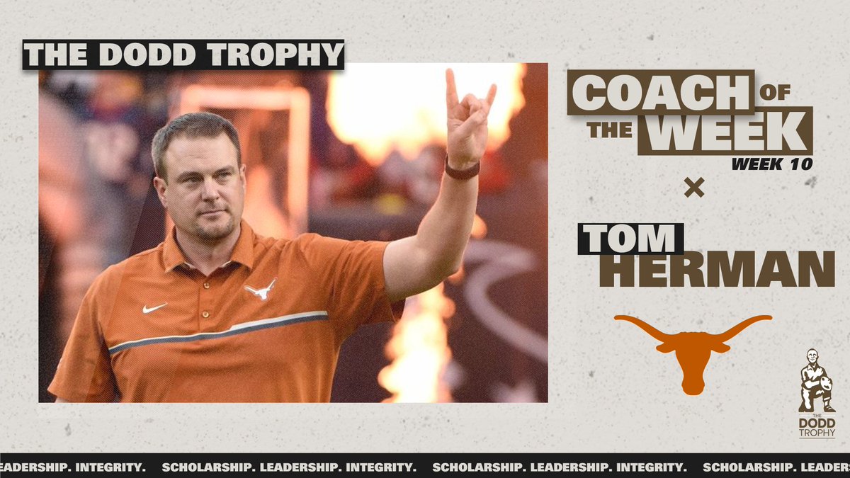 thedoddtrophy's tweet photo. .@CoachTomHerman is our #DoddTrophy Coach of the Week! 🤘

The Longhorns secured their first top-10 road win since 2010 on Halloween with an OT victory at Oklahoma State.

#HookEm 📰 https://t.co/5jBN6LgGi9 https://t.co/U6wW0ksb7a