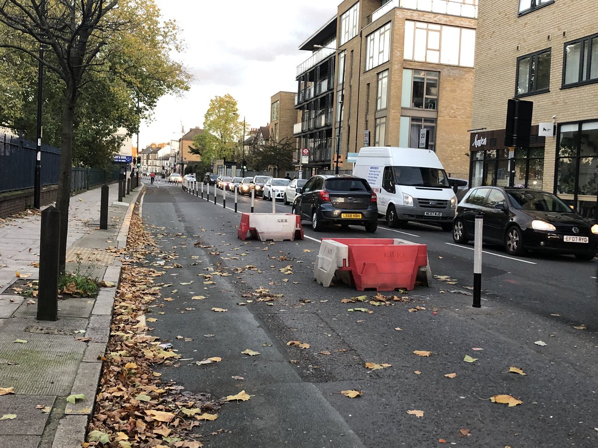 The next stretch of cycle lane along Woolwich Road works well and is almost complete. I think these are supposed to be pedestrian islands to assist with crossing the road, but have been left like this for weeks. It looks a mess.