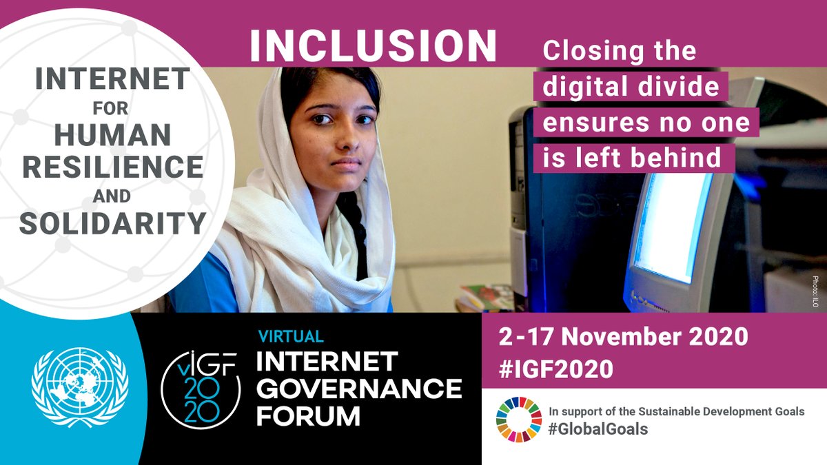 UN's tweet photo. Closing the digital divide is essential for achieving the #GlobalGoals and ensuring no one is left behind. 

This month's #IGF2020 explores solutions for ensuring an equitable &amp; inclusive Internet. https://t.co/QcBftUkUb4 https://t.co/Q45YscHHou