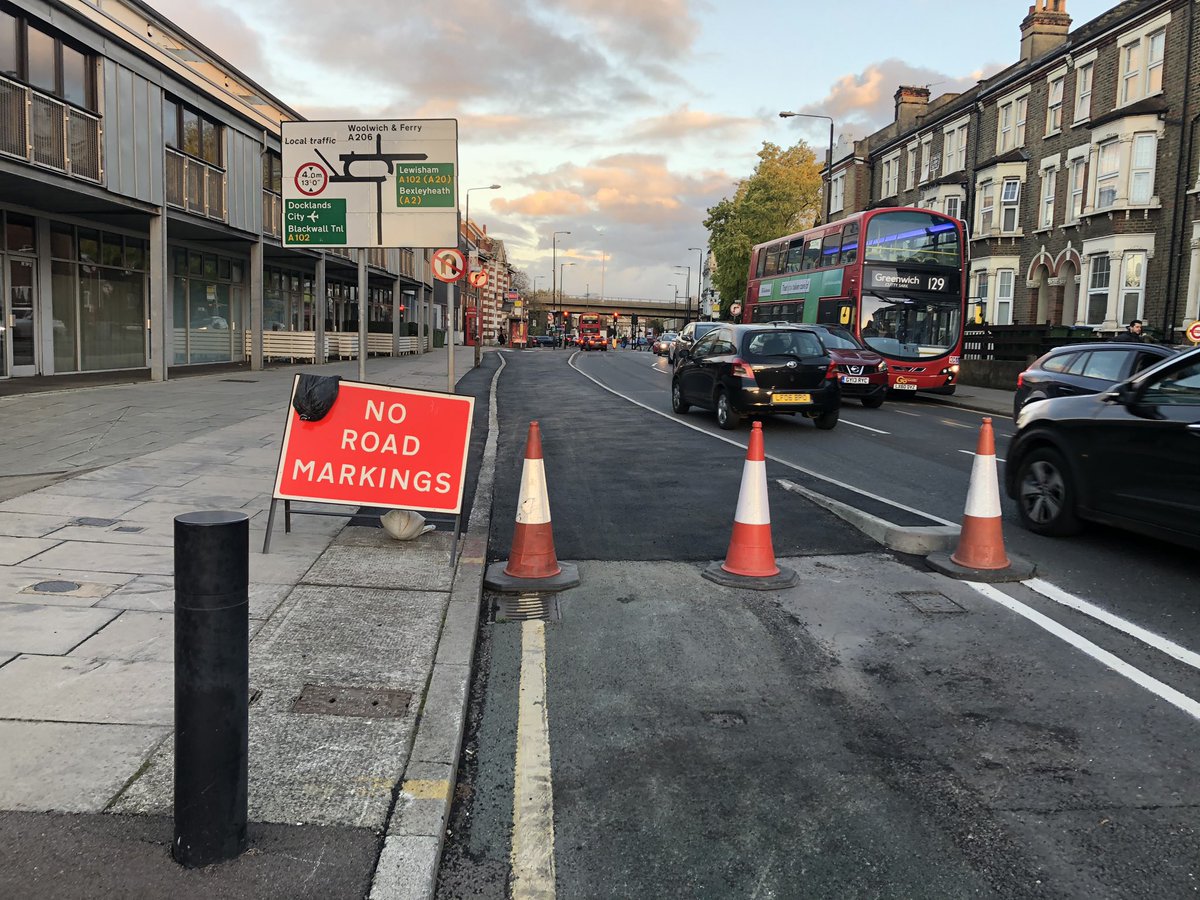 As you approach the dangerous Angerstein roundabout, the road layout is looking quite different. Building work completed but no cycle lane markings added yet.