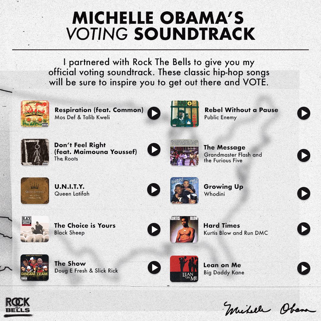 MichelleObama's tweet photo. If you haven’t already, now is the time to vote! I put together some songs to help inspire you while you’re making your voice heard. And make sure all your loved ones have a plan to vote tomorrow. 

@WhenWeAllVote can help you find your polling place at https://t.co/KpAMr4W05l. https://t.co/n6zymK525D