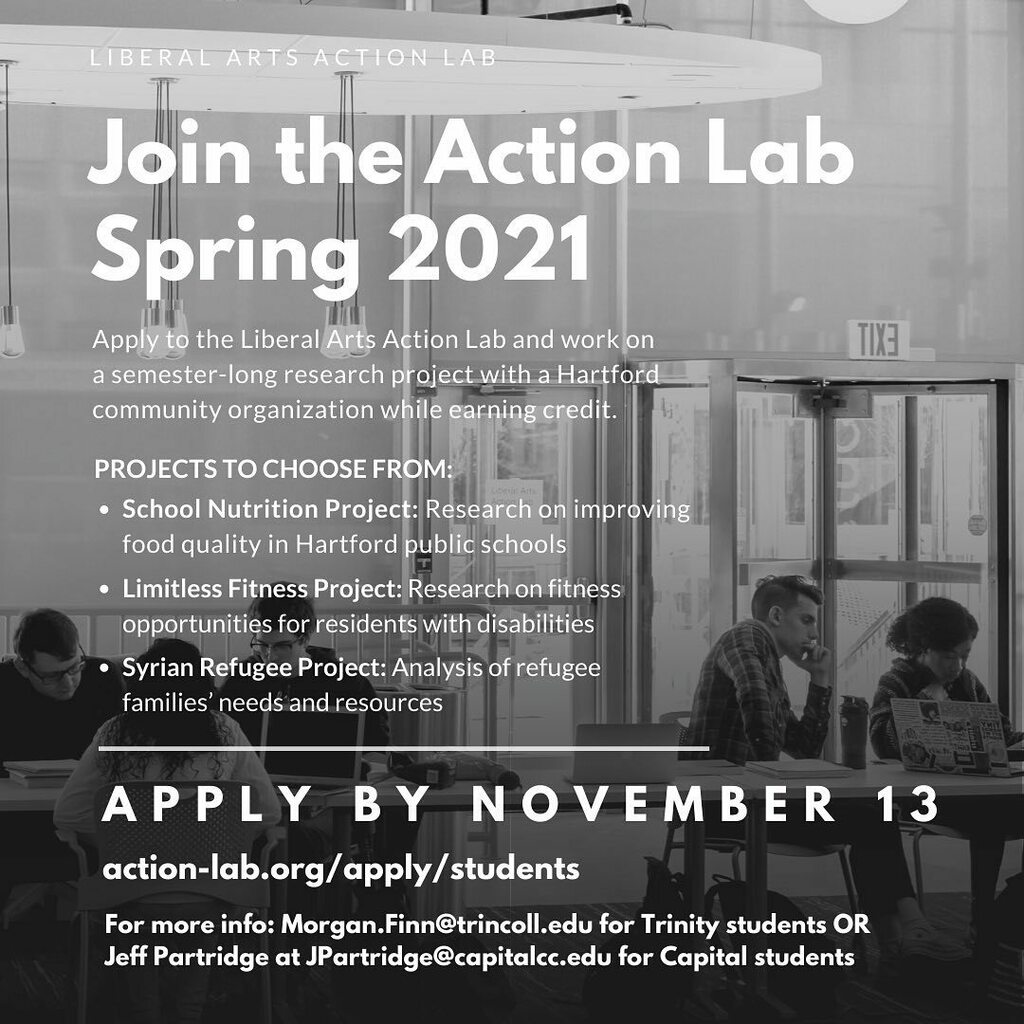 ctstatecapital's tweet photo. Students, our academic partner @action_lab_hartford is accepting project applications for the Spring 2021 semester. Research and find solutions to important issues impacting Hartford while you earn college credit. Applications are due Friday, November 13. #DestinationCapital https://t.co/G7M7yYCvXU