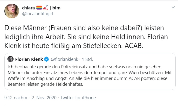 Hartes_Geld's tweet photo. Beim Terroranschlag in #Wien hat gerade ein Polizist sein Leben verloren.
Antifa-Girl Chiara hat nichts Besseres zu tun, als zu bekräftigen: "All Cops are bastards".
Wie krank sind diese Bunten?
@localantifagirl https://t.co/l8DdLyAb1v