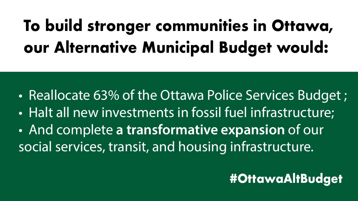 The Alternative Budget calls on the  @ottawacity to: - Reallocate 63% of the Ottawa Police Services Budget - Halt all new investment in fossil fuel infrastructure - Implement a transformative expansion in our social services, transit, and housing infrastructure  #OttPoli