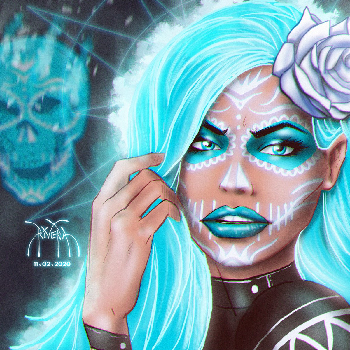 riveramedia's tweet photo. Here's my character: Sugar Skull to help wish you a Happy Dรญa de los Muertos!#spirit #ghost #mexican #drawing #art #superhero #comicbooks #illustration #comicbookart #dayofthedead #photoshop #skull #fun #latina #comics #calavera #sugarskull #lacatrina #diadelosmuertos #forceman https://t.co/RzG6VMtywM