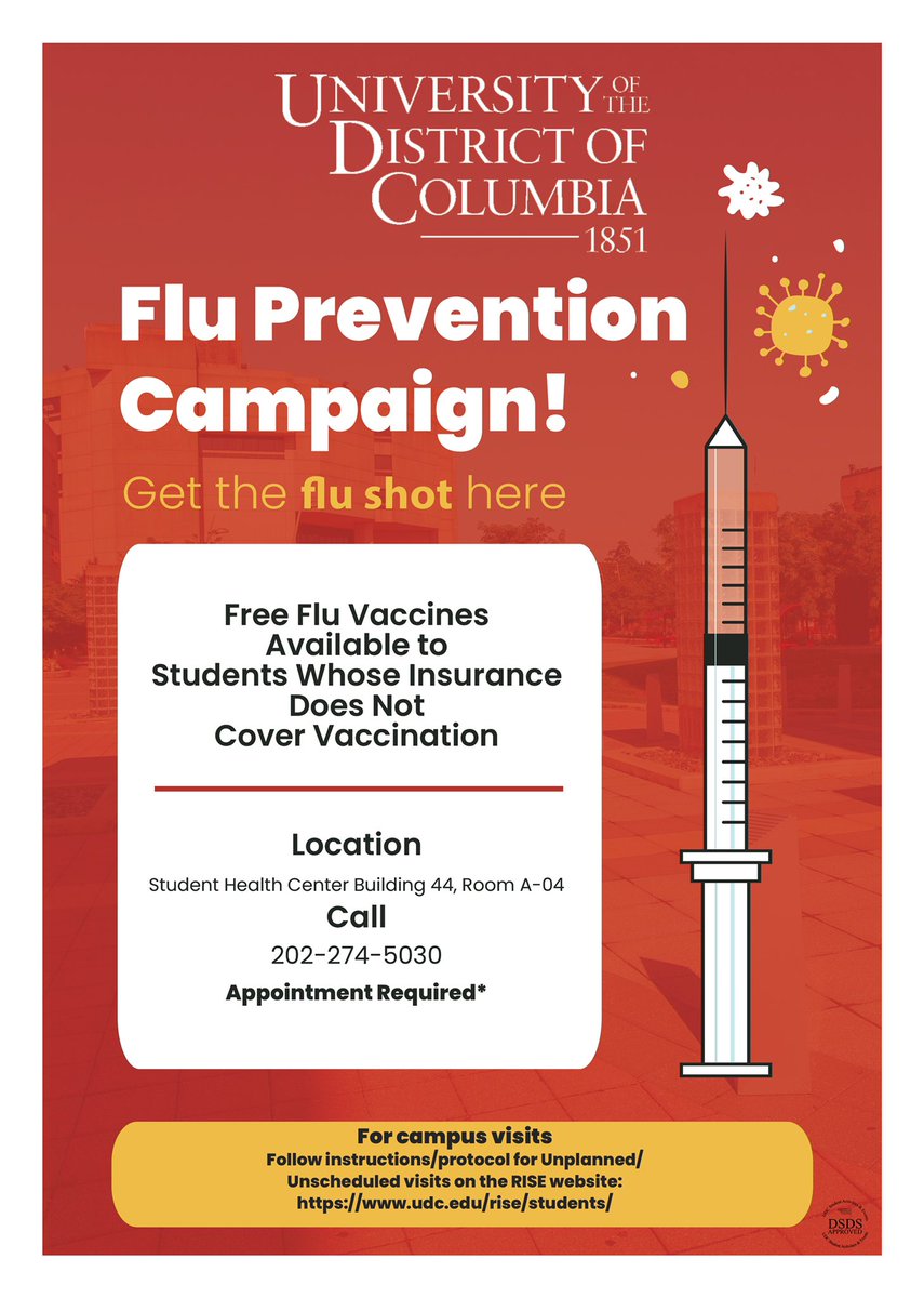 udc_edu's tweet photo. It’s Flu season Firebirds! Make sure to book an appointment with the Student Health Center to get your free Flu shot! #udc1851 #udcspirit https://t.co/NzaCffGdZR