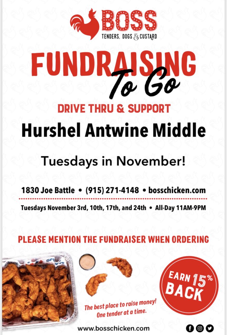 DLopez_AMS's tweet photo. This November we have BOSS CHICKEN Tuesdays 📣📣 in support of Hurshel Antwine MS ‼️Please join us for this fundraiser and enjoy a delicious meal 🥳 @bosschicken915 @HAntwine_MS @CISElPaso @RMarquez_AMS @MFlores_AMS @OMcLure_AMS @MChavez_AMS @NOjeda_AMS @AHash_AMS @LDeLaRosa_AMS https://t.co/xsOiYhiKZ2