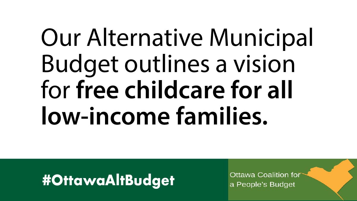 For every childcare spot that becomes available in Ott, there are two children on a waitlist. Our city must invest in childcare to end the years-long waitlists for affordable options. The  #OttawaAltBudget outlines a vision for free childcare for all low-income families!