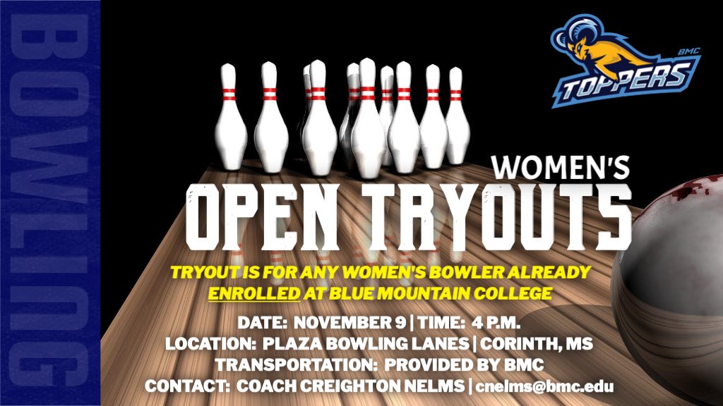 bmcsports's tweet photo. 🚨NAIA WOMEN’S BOWLING | Attention Enrolled BMC Women:  @BmcBowling will have an open tryout for enrolled BMC women bowlers only November 9!  Contact head coach @5NELMS8 at cnelms@bmc.edu to make plans to attend. https://t.co/0sOFNRhitC
