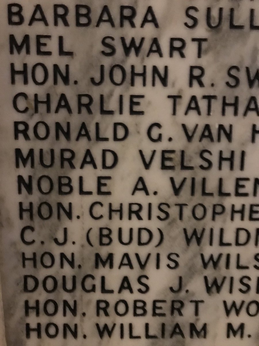 robertbenzie's tweet photo. Our friend ⁦@AliVelshi⁩ recently posted a powerful thread on voting and cited his father’s elections. Ali’s Dad was a Liberal MPP in premier David Peterson’s government. Here’s Murad Velshi’s name carved in the wall at Queen’s Park. #onpoli https://t.co/yVXNIFGUqB
