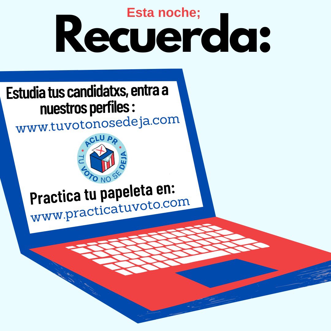 ⏳En la recta final, no dejamos de prepararnos. Visita nuestros perfiles en Instagram para que sepas quienes son lxs aspirantes. 

🚨Pendiente a todos nuestros recordatorios de esta noche y mañana. Recuerda que siempre nos pueden escribir. 

#TuVotoNoSeDeja 

<a href="/ACLUPR/">ACLU Puerto Rico</a>