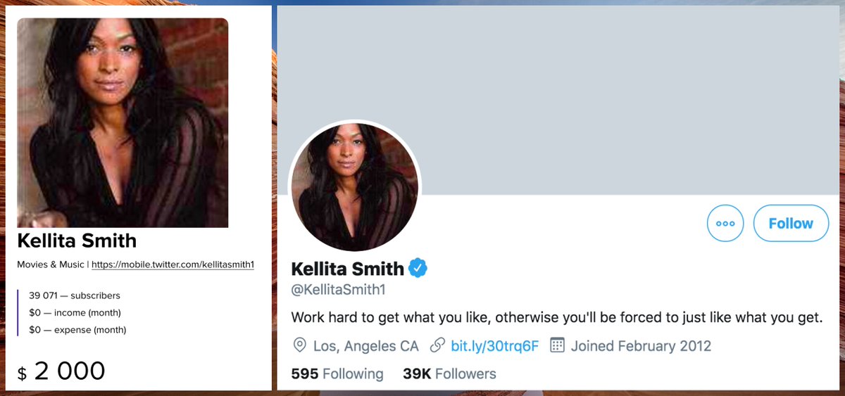 It's a Tuesday in November, and it would appear that the verified account of actress Kellita Smith has been sold and renamed from @KellitaSmith1 to  @klsvtrs (permanent ID is 498301135). Following its makeover, the account is now tweeting Bitcoin crap.