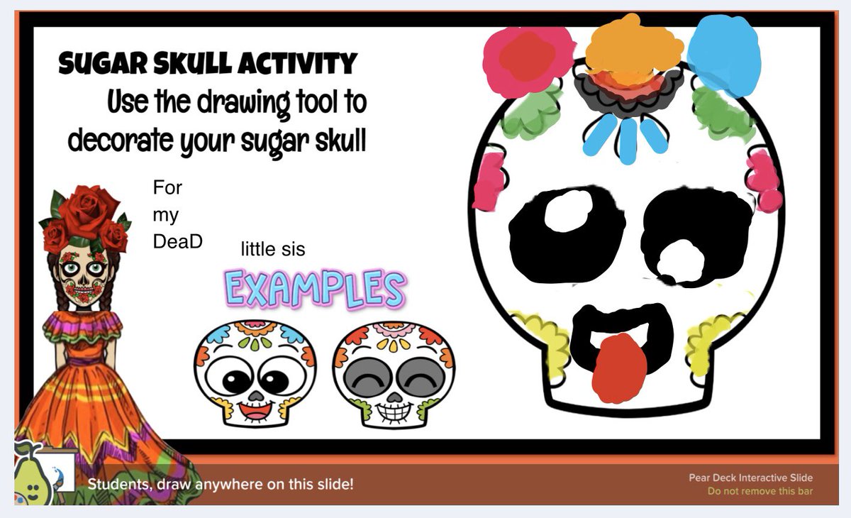 MSHPortillo1's tweet photo. Loved how great these turned out and how hoppy my students were with this @PearDeck interactive lesson! You can still teach it and celebrate diversity! Feel free to make a copy. #DiaDeMuertos #DayoftheDead #interactivelesson https://t.co/xESElrjnSJ