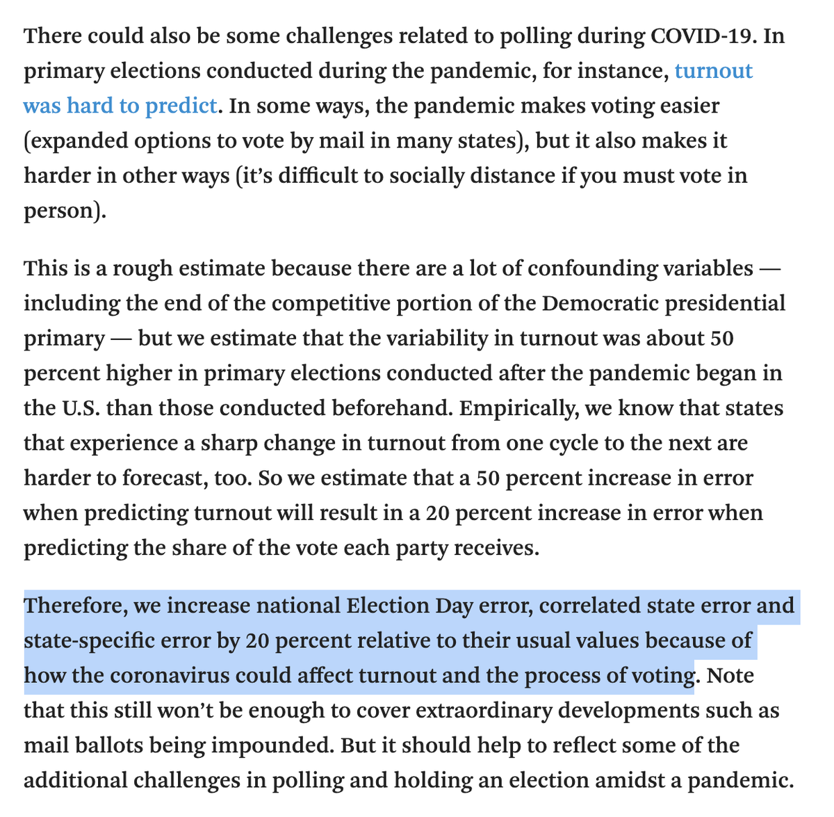 I looked at how 538 modeled COVID's impact on turnout. It appears they model COVID’s impact solely as higher uncertainty. But not as a partisan factor that favors Rs who will vote in-person more than Ds because they are less concerned about COVID. https://fivethirtyeight.com/features/how-fivethirtyeights-2020-presidential-forecast-works-and-whats-different-because-of-covid-19/