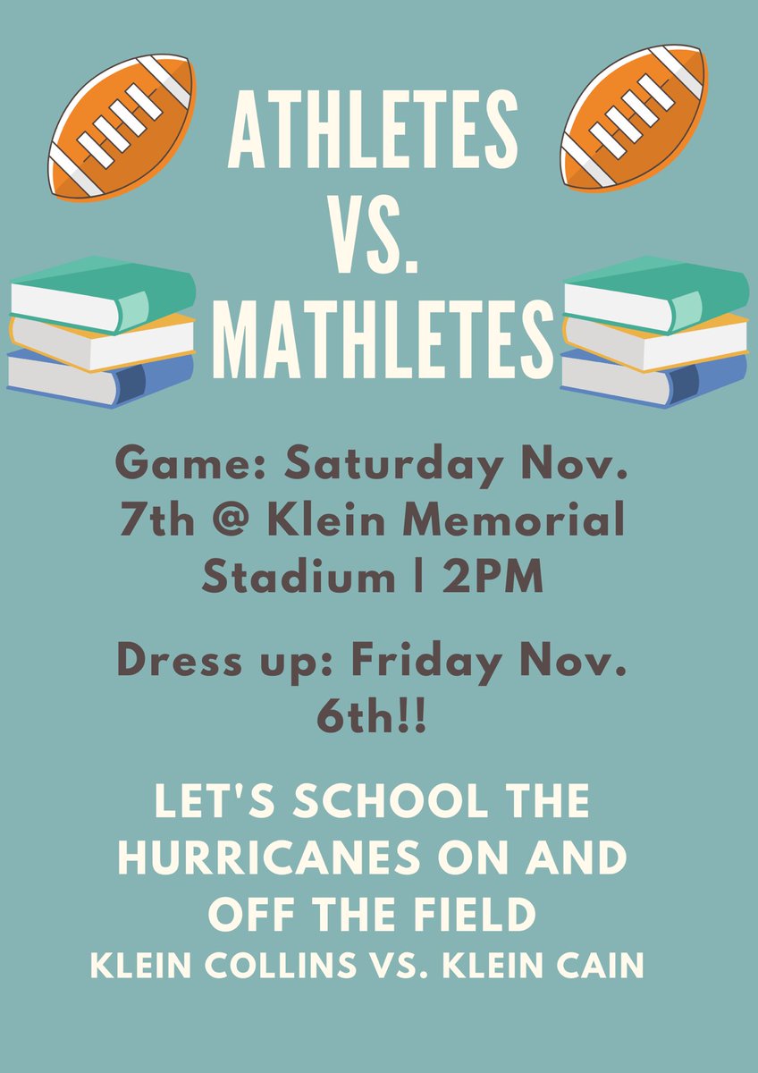 Hey Tigers! Let’s school the hurricanes in and off the field and dress up as mathletes or athletes. Let’s show our Tiger Football pride!