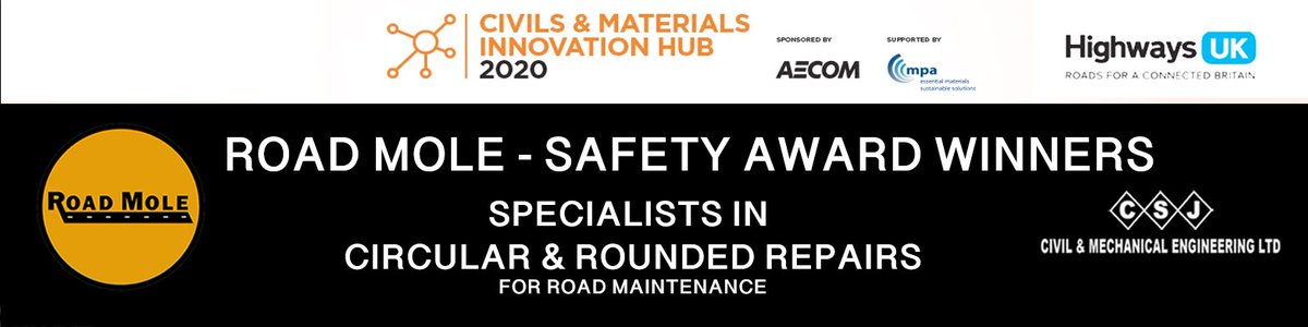 RoadMole's tweet photo. ****SAFETY AWARD WINNERS 2020 ****

@RoadMole are proud to announce we are #awardwinners of the #safety category in the Civil &amp; Materials Innovation Hub 2020.
#potholes
#councilscan
#roadmaintenance
#occupationalhealth
#sustainable
#environmental
#rightfirsttime
#publichealth https://t.co/s1jONjG6dv