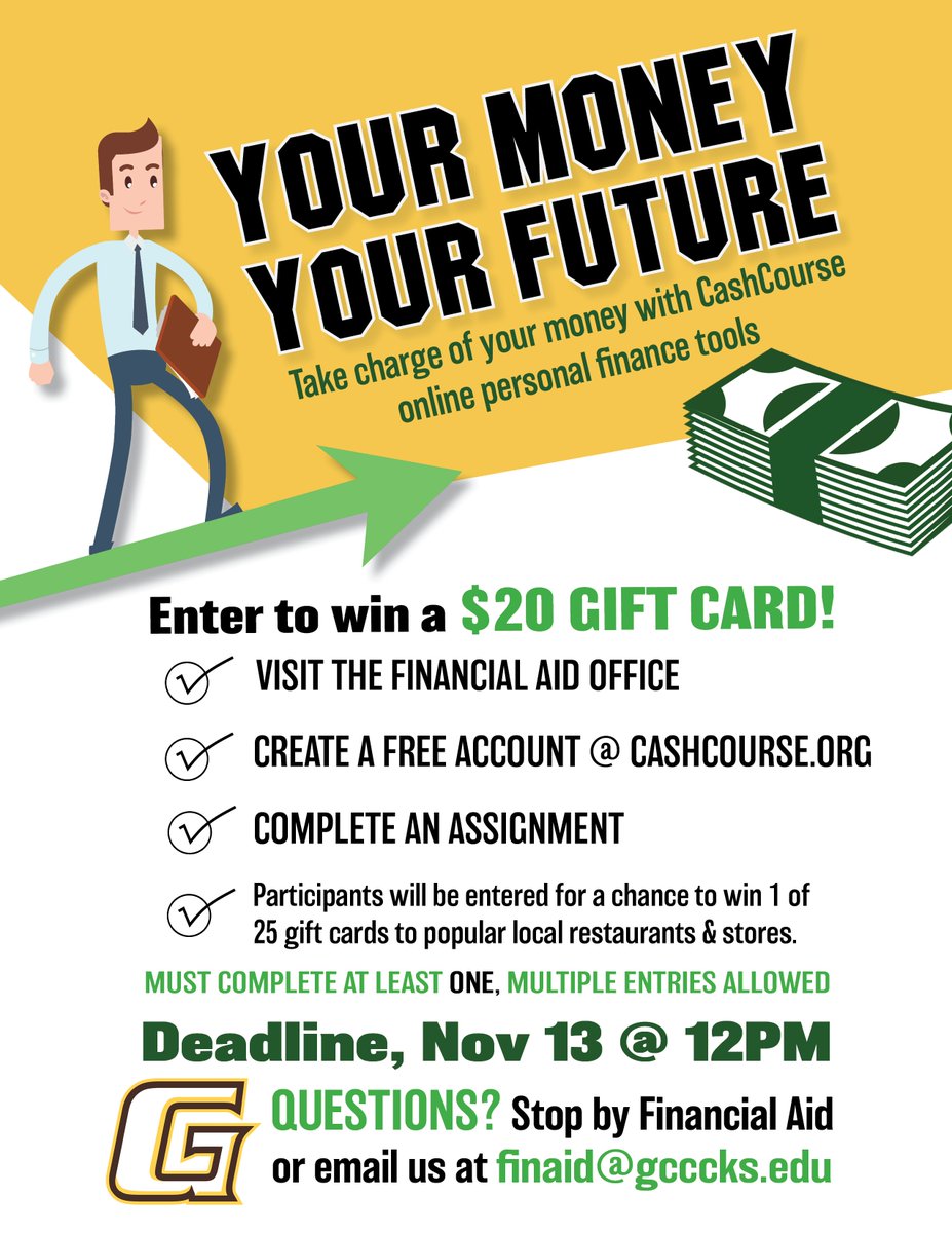 GCCCBroncbuster's tweet photo. Happy Monday!
Students, Do you want to win a $20 gift card to a local restaurant/store? For more information stop by the GCCC Financial Aid office. 😁✅
#CashCourse #FinancialAid #GCCC https://t.co/Yz5cWCDR08