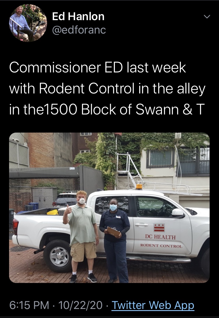 Maybe you want to give Ed a break because he posted this on a neighborhood forum, not on Twitter, which his fellow Commissioners used. You are again wrong! Ed also posted the photo of him with the DC Health worker and DC Health truck on his campaign’s Twitter account.