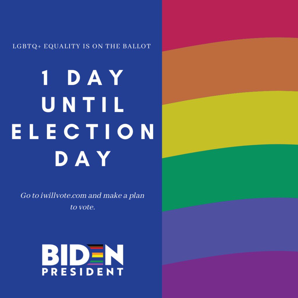 Tomorrow is the day!! We must get out the vote and elect <a href="/JoeBiden/">Joe Biden</a>. Join us for our final phone banks joe.link/OUTGOTV 🔥🌈