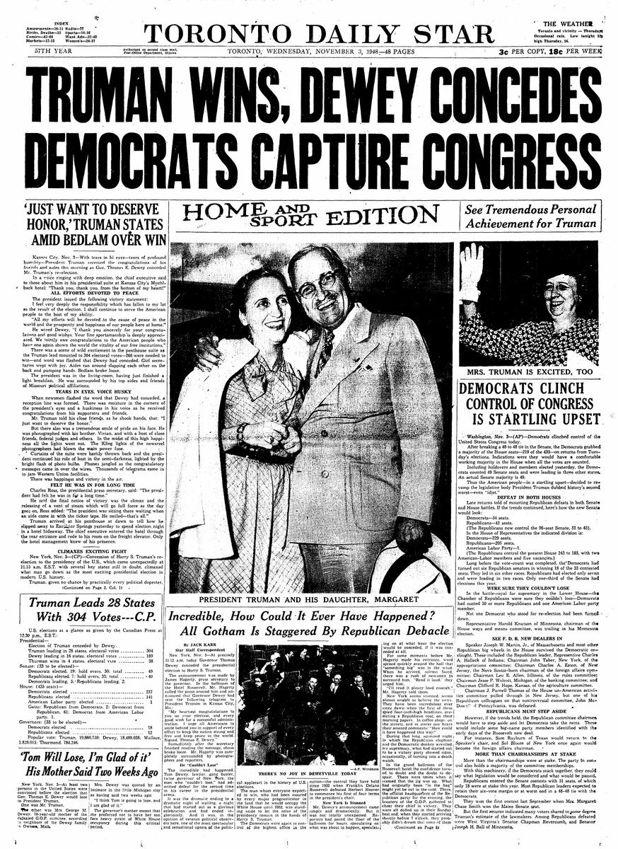 1948: The Star doesn’t proclaim “Dewey defeats Truman,” but it does marvel at the incumbent’s “startling upset.” Republicans were sure their man “couldn’t lose.” Look at the dejection in that AP photo: “There’s no joy in Deweyville today.”