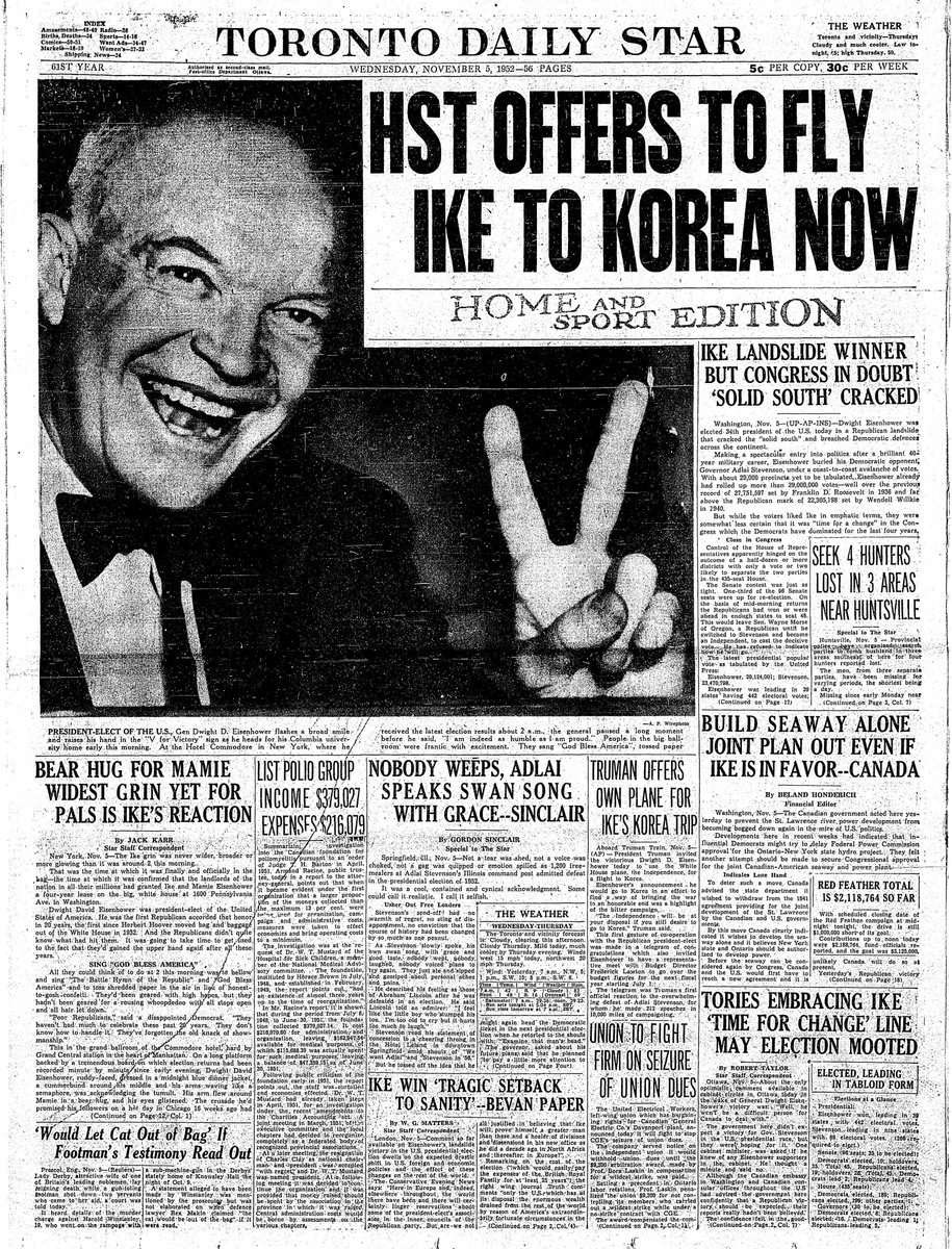1952: HST (that’s Harry S. Truman) congratulates his Republican successor, as Eisenhower breaks a 20-year Democratic hold on the White House, burying Adlai Stevenson “under a coast-to-coast avalanche of votes.” Pictures are getting bigger now; the paper is five cents a copy.