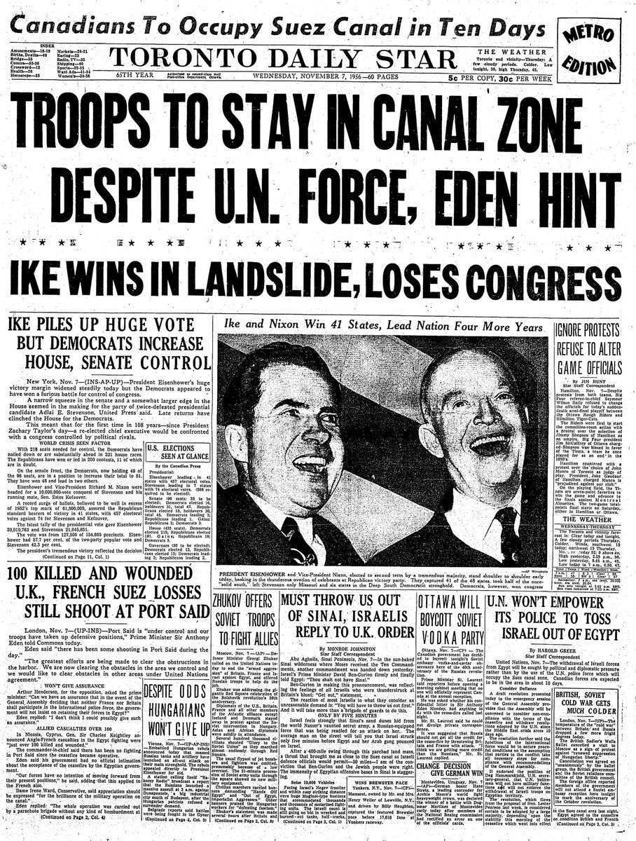 1956: VP and future president Nixon makes a front-page appearance as Eisenhower is re-elected, but the Suez Crisis gets top billing. Also on the page: CFL playoffs. And the Canadian government turns down a Soviet invitation to toast the Russian Revolution with vodka and caviar.
