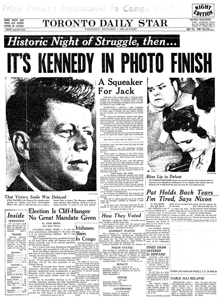 1960: “It’s Kennedy in photo finish,” as Camelot makes its debut after the “worst presidential cliff-hanger in 44 years.” John Brehl reports from Hyannis Port. Downpage: an update on the condition of Clark Gable, who would die a week later. Paper costs a whopping 10 cents now.