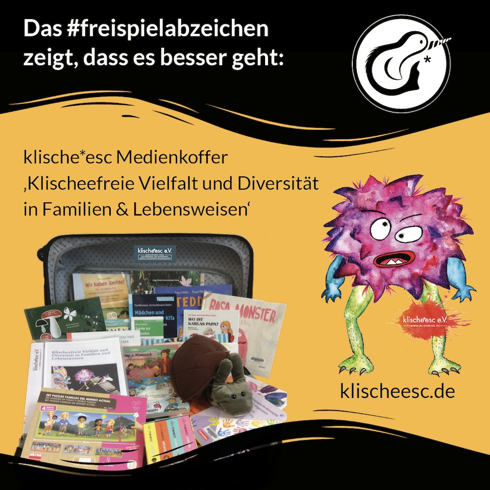 GoldenerZaun_'s tweet photo. Die Reihe unserer Positivbeispiel für das #freispiel-Abzeichen führen wir fort mit dem klische*esc Medienkoffer ,Klischeefreie Vielfalt und Diversität in Familien & Lebensweisen‘ 🧳, der pädagogische Fachkräfte in ihrer Arbeit unterstützen soll.
Details im Thread. 👇 https://t.co/4W3g3VViYj
