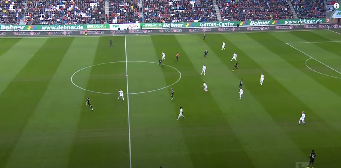 So how did Frankfurt attack?In defence, their LCB and RCB would push wide, with the central CB launching a long ball towards the strikers.In this particular case, the ball is played to Haller, who controls and flicks it on to Jonathan de Guzmán, who scores.