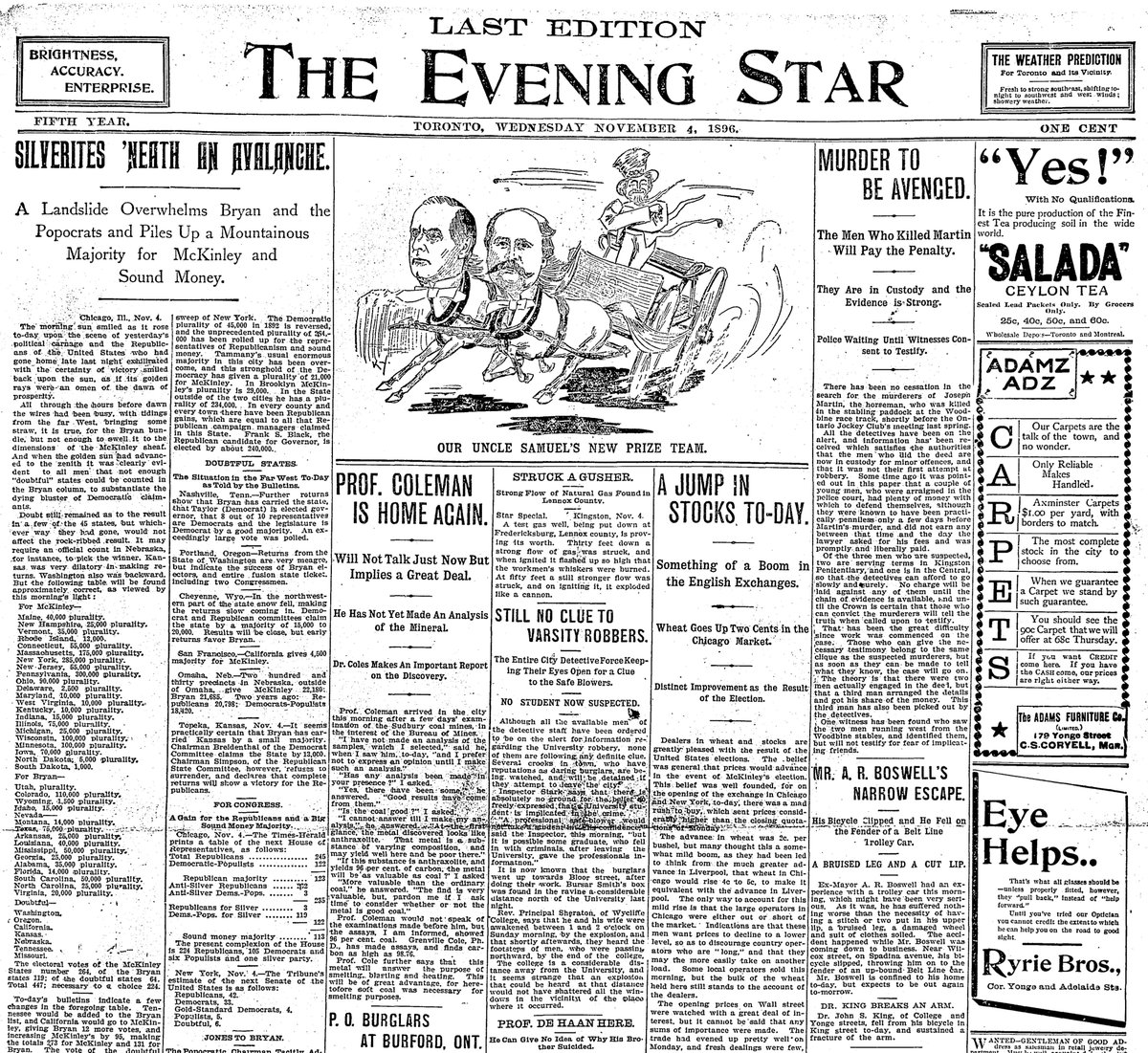 1896: “A Mountainous Majority for McKinley," proclaims what was then the Evening Star, founded four years earlier by printers on strike from another paper. “Silverites” in the headline is a reference to the monetary debate that dominated the campaign. The paper cost one cent.