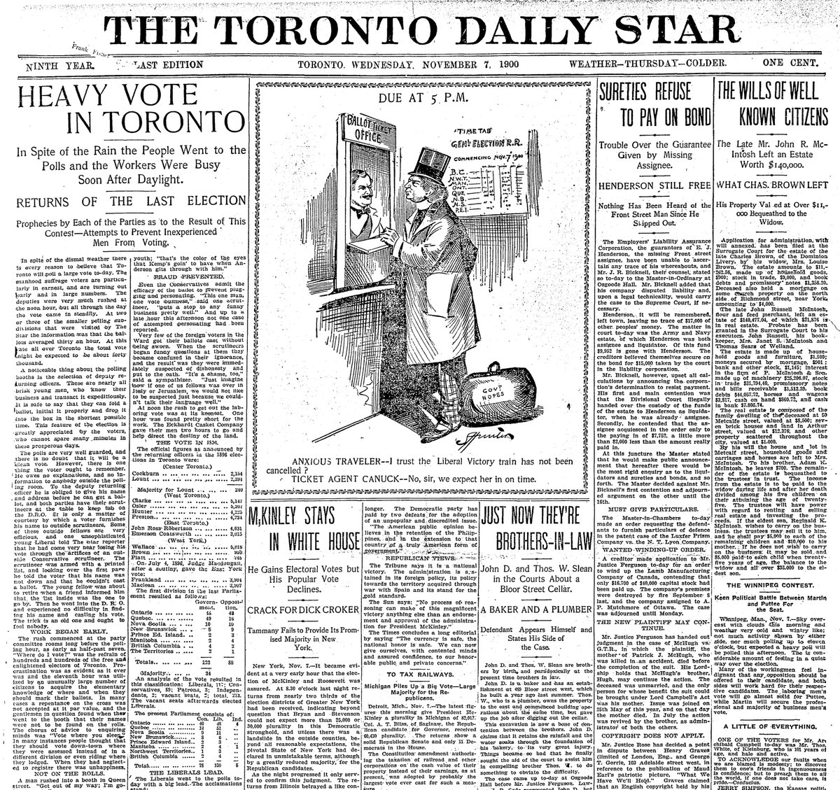 1900: “McKinley Stays in White House,” but bigger news is the Canadian election that took place a day later, giving Laurier’s Liberals another majority. The Evening Star is now the Toronto Daily Star (the name it would have until 1971), under the editorship of Joseph E. Atkinson.