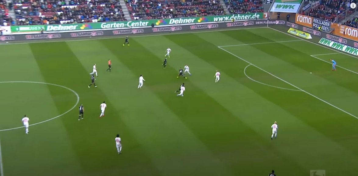 So how did Frankfurt attack?In defence, their LCB and RCB would push wide, with the central CB launching a long ball towards the strikers.In this particular case, the ball is played to Haller, who controls and flicks it on to Jonathan de Guzmán, who scores.