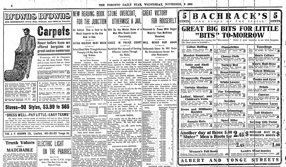1904: The only presidential election I found that didn’t make the Star’s front page — just a narrow column on page 2 (next to news of an overcoat thief) to mark the victory of Theodore Roosevelt, who had become president after McKinley’s assassination three years earlier.