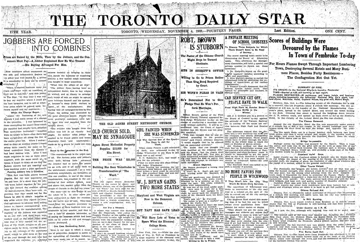 1908: A third election loss for William Jennings Bryan, this time to Roosevelt’s hand-picked successor, William Howard Taft, who has electoral college votes to spare. Again, local news takes precedence: church may become a synagogue; girl faints when sentenced for shoplifting.