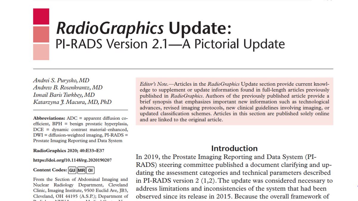A big congratulations to <a href="/Purysko/">Andrei Purysko</a> and Team (<a href="/KatarzynaMacura/">Katarzyna Macura</a> <a href="/arosenkrantzmd/">Andrew Rosenkrantz</a> ) for this excellent article, it was an honor to be part of this 👍 
RadioGraphics Update: PI-RADS Version 2.1—A Pictorial Update pubs.rsna.org/doi/10.1148/rg…
#prostateMRI #PIRADS