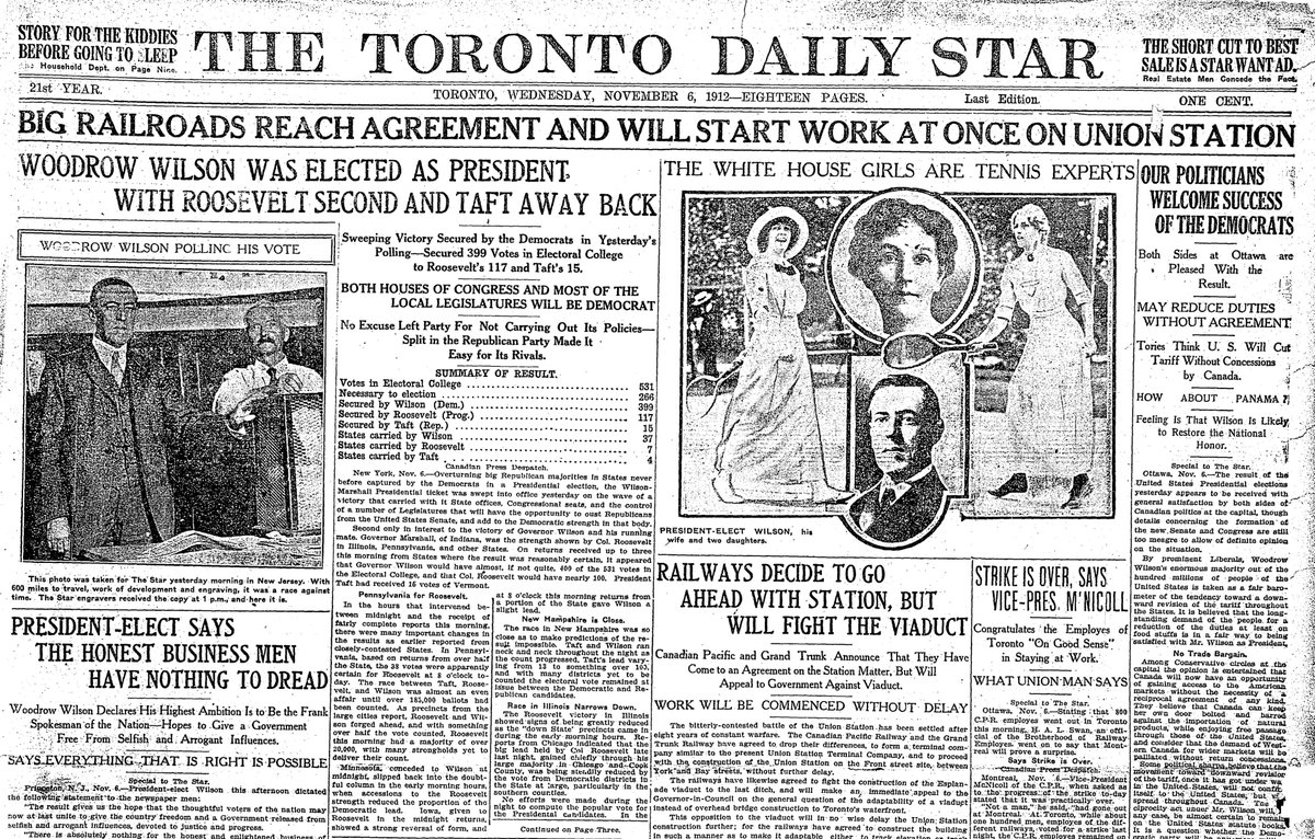 1912: Big win for Democrats, as Woodrow Wilson beats both the incumbent Taft and ex-president Roosevelt (now leading a third party). And the Star wins a “race against time” to get its photo of Wilson onto the next day’s front page. Wilson’s daughters are “tennis experts.”