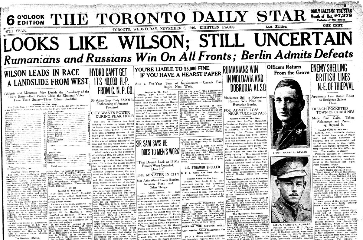1916: A day after the vote, it’s too close to call, but it still gets the biggest headline — above news from the Great War, which the U.S. has yet to enter. Two days later, Wilson’s a winner, but “If California Is Split He Will Need New Mexico to Make Him Feel Real Sure.”