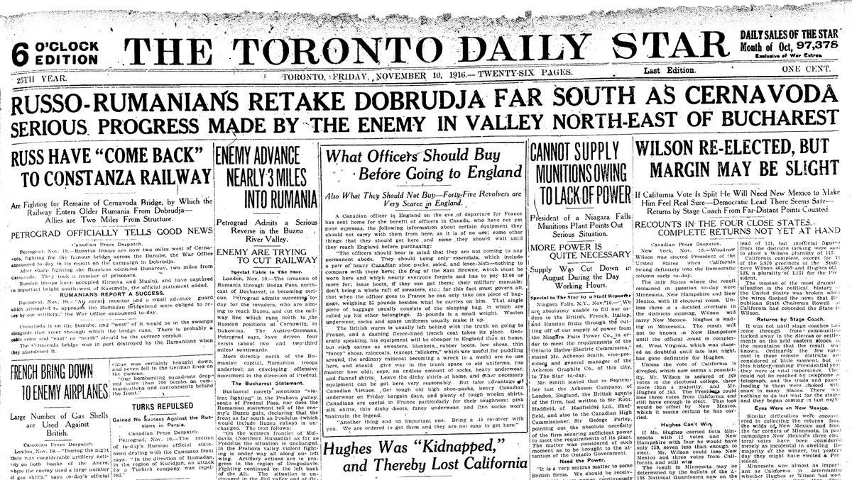 1916: A day after the vote, it’s too close to call, but it still gets the biggest headline — above news from the Great War, which the U.S. has yet to enter. Two days later, Wilson’s a winner, but “If California Is Split He Will Need New Mexico to Make Him Feel Real Sure.”